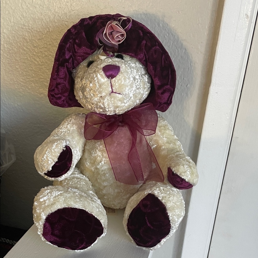 Elegant Cream Teddy Bear with Purple Accents